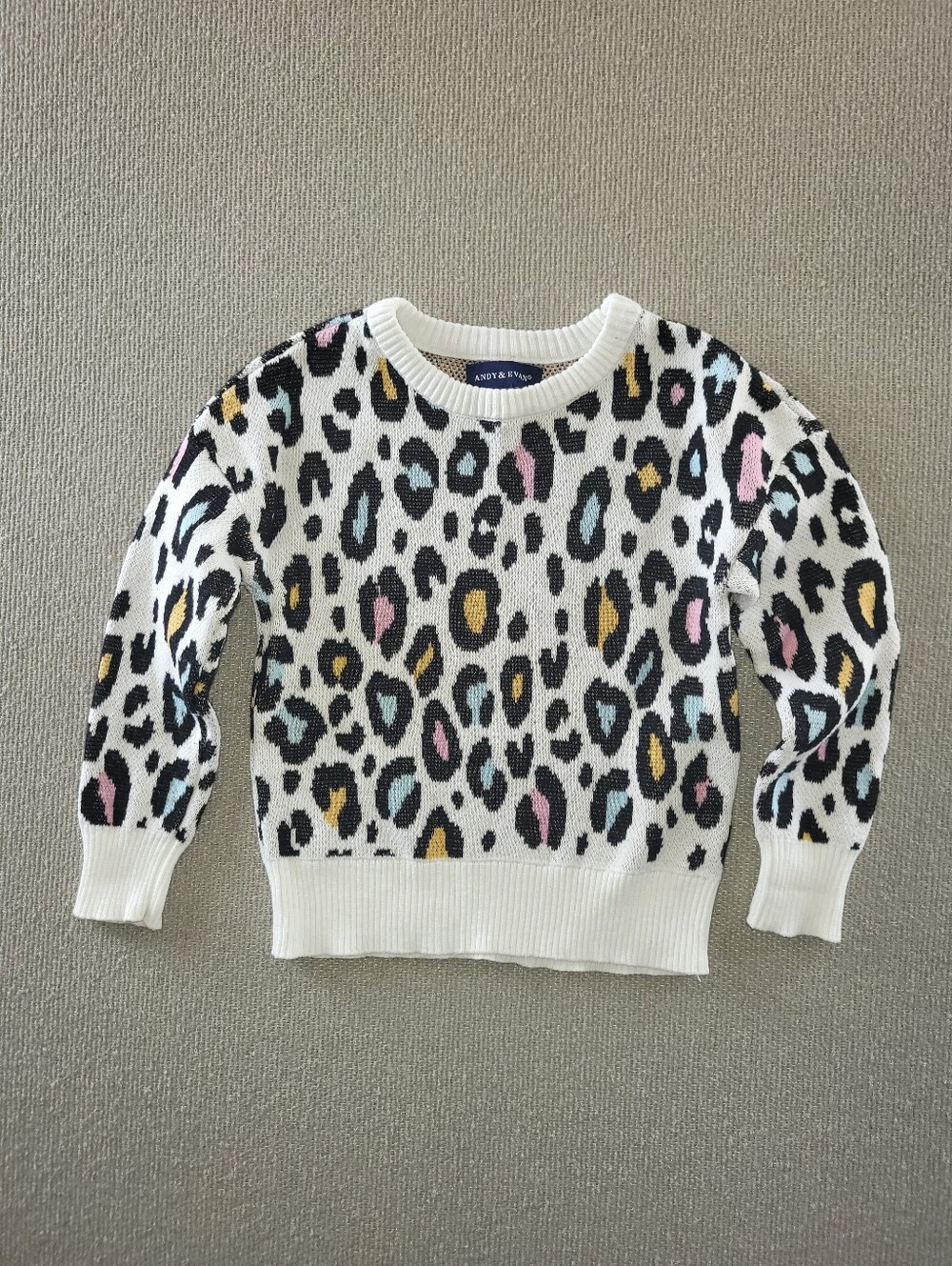 Andy & Evan Size 3t White Crewneck Multicolor Leopard Print Sweater